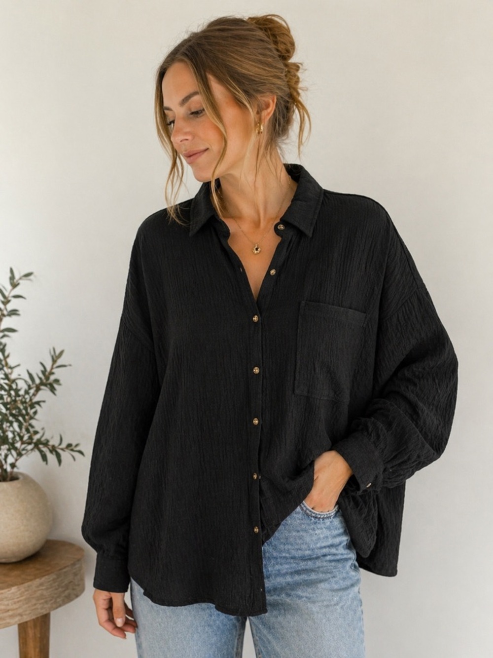 Black Oversized Button Front Blouse XXL Lightweight Gauze Shirt Chic